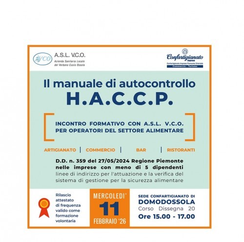 Come funziona il manuale di autocontrollo Haccp: incontro informativo con l'Asl Vco sulla normativa regionale. La partecipazione è gratuita