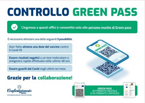 Il green pass è richiesto per l'accesso nelle sedi di Confartigianato