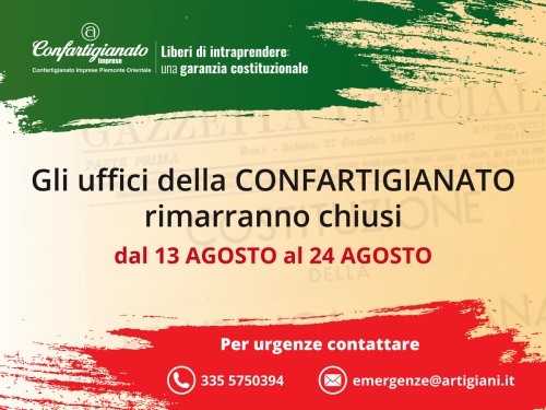 Uffici chiusi per ferie dal 13 al 24 agosto