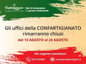 Uffici chiusi per ferie dal 13 al 24 agosto