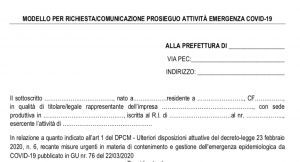 Fac-simile per richiesta alla Prefettura per attività in filiera e servizi di pubblica utilità