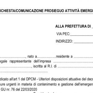 Fac-simile per richiesta alla Prefettura per attività in filiera e servizi di pubblica utilità